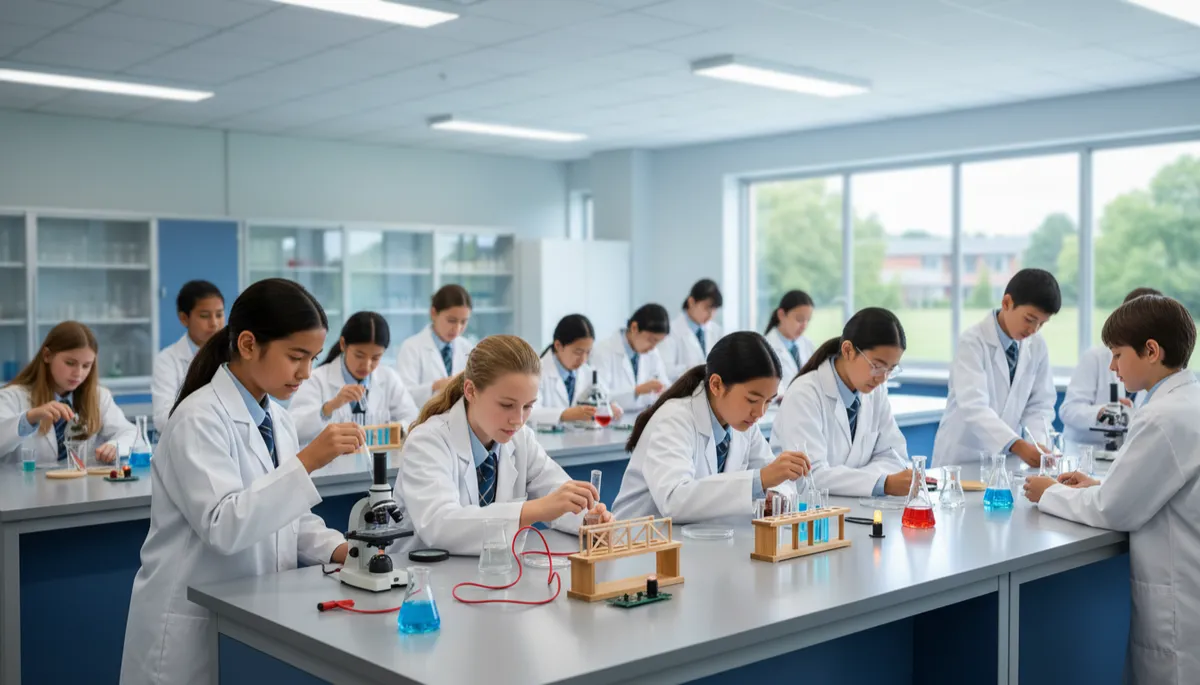 there should be school students and school labs with simple kits. Style: Professional quality, photorealistic, high resolution there should be school students and school labs with simple kits. Style: Professional quality, photorealistic, high resolution