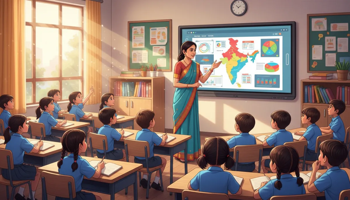 A high-quality, professional photo of a modern interactive flat panel display in a well-lit Indian classroom, with clear visuals of the panel, engaged students, and a teacher actively using the touch interface. The image should emphasize advanced technology in an educational setting, be crisp, vibrant, and visually appealing, with no visible branding.