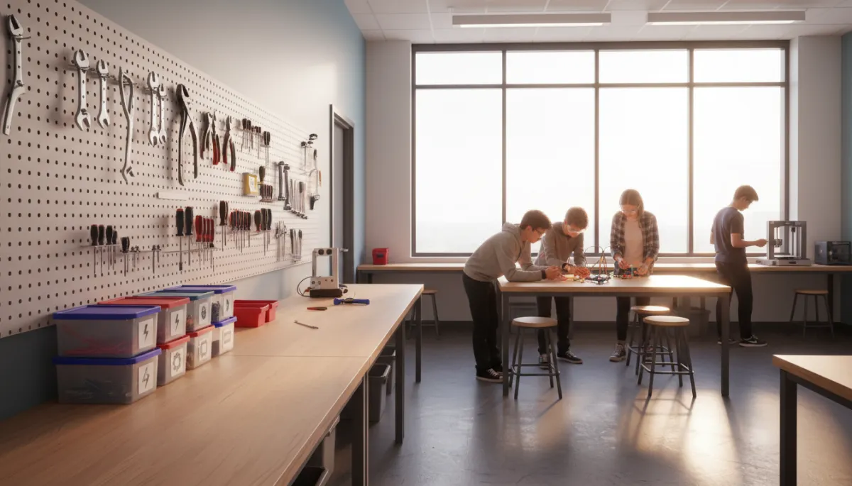 A photorealistic, high-resolution image of a modern, well-lit school tinkering lab. The space features a long, organized workbench equipped with neatly arranged hand tools—such as screwdrivers, pliers, and wrenches—hanging on a pegboard. Clearly labeled bins hold various prototyping materials like wires, small motors, and circuit boards. In the background, students wearing safety goggles collaborate on creative projects, fostering an atmosphere of innovation and learning. The environment is clean, bright, and inviting, with natural sunlight streaming in through large windows, conveying professionalism and educational purpose.