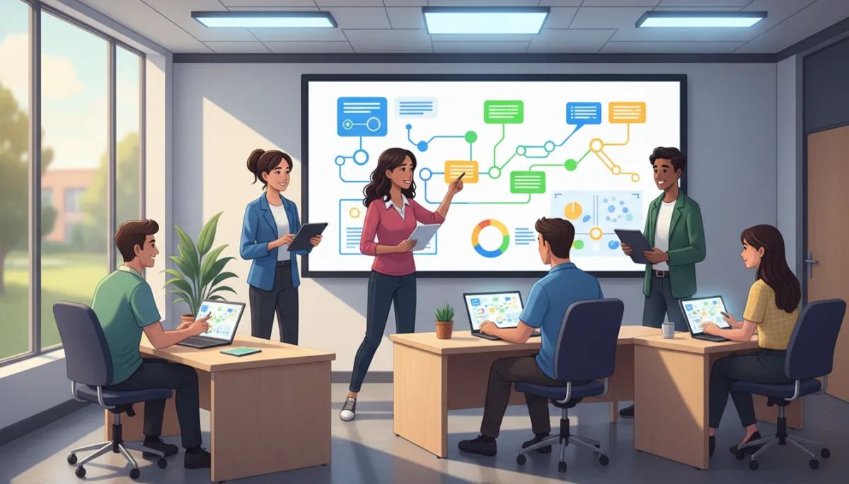 A diverse group of students collaborating around a large interactive digital whiteboard in a modern classroom, with vibrant educational infographics displayed on the screen. The environment showcases advanced technology integration—tablets, smart lighting, and ergonomic furniture—emphasizing an innovative, connected smart classroom atmosphere. Natural light streams through large windows, and the setting appears dynamic yet professional, capturing engaged learning and teamwork. A diverse group of students collaborating around a large interactive digital whiteboard in a modern classroom, with vibrant educational infographics displayed on the screen. The environment showcases advanced technology integration—tablets, smart lighting, and ergonomic furniture—emphasizing an innovative, connected smart classroom atmosphere. Natural light streams through large windows, and the setting appears dynamic yet professional, capturing engaged learning and teamwork.