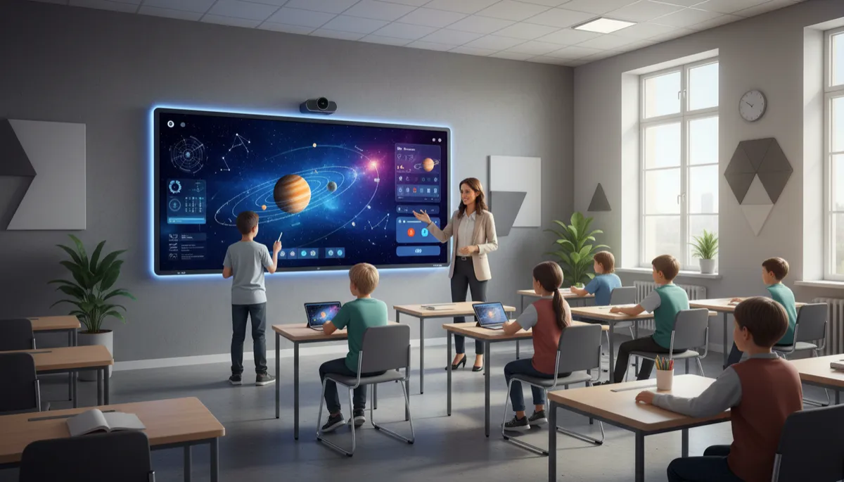 A modern, photorealistic classroom setting featuring an advanced, ultra-thin interactive smartboard mounted on the front wall. The smartboard displays a vibrant, high-resolution educational interface with touch controls, digital pens, and interactive educational content. Sleek, minimalistic design with subtle LED lighting around the board. The classroom is well-lit, organized, and includes contemporary furniture, with diverse students and a professional teacher engaging with the smartboard. The atmosphere is dynamic, innovative, and conducive to learning, emphasizing cutting-edge educational technology in a real-world school environment.