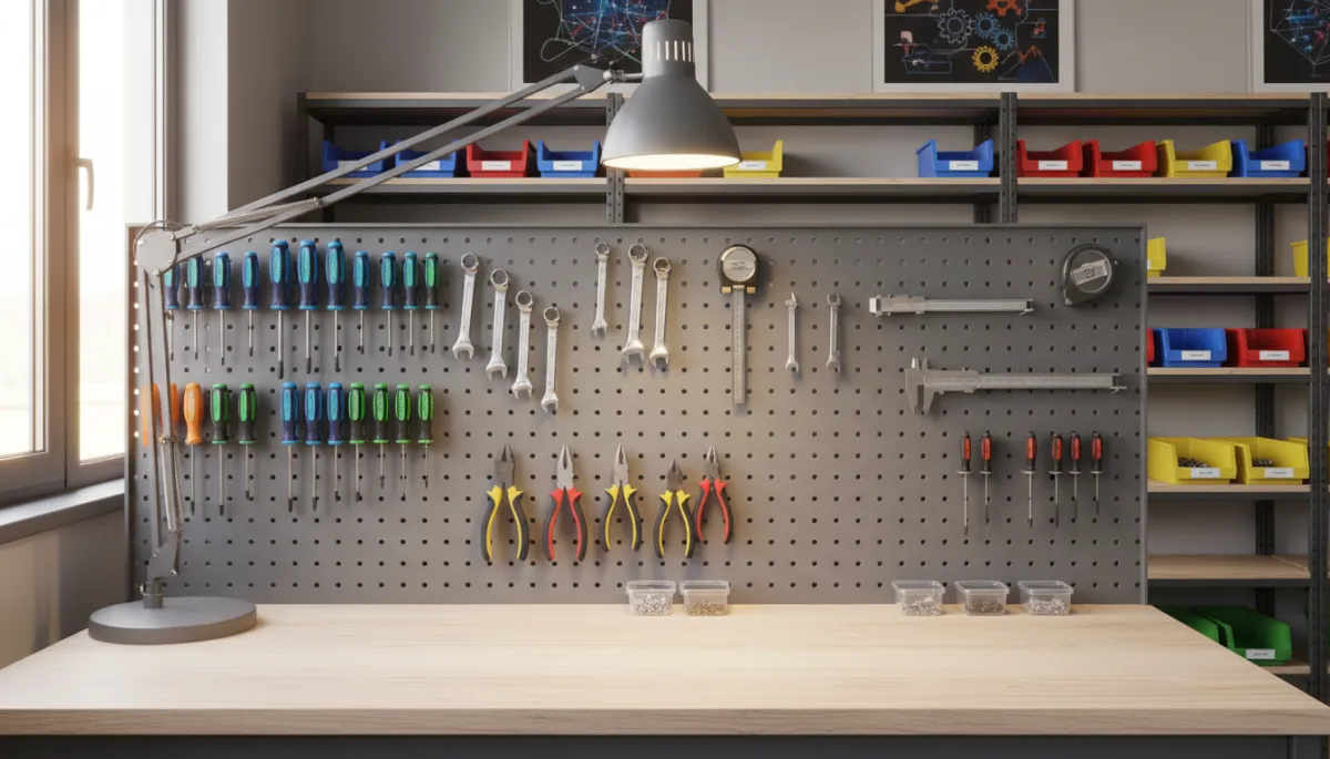 A photorealistic image of a well-organized tool station in a modern school STEM lab, featuring neatly arranged hand tools such as screwdrivers, wrenches, pliers, and measuring instruments hanging on a clean perforated board. The workspace is well-lit with natural and artificial lighting, and the background includes shelves with labeled bins and educational STEM posters. The atmosphere is inviting, safe, and emphasizes creativity and hands-on learning, with subtle pops of color to create a professional and inspiring environment suitable for a blog about STEM education and tinkering labs.