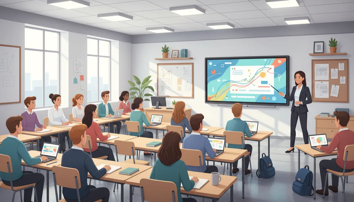 A bright, modern classroom filled with attentive high school or college-aged students seated at desks, all focused on a large, wall-mounted interactive flat panel smartboard at the front of the room. A professional teacher stands beside the smartboard, actively engaging with the class and using a digital pen to highlight key points on the vivid display, which shows a colorful, dynamic educational presentation. The classroom features clean, contemporary decor with good lighting, organized desks, and visible learning materials, creating a motivating and collaborative atmosphere. The scene should look energetic, inclusive, and technologically advanced, ideal for illustrating a high-quality coaching class environment in a professional educational blog.