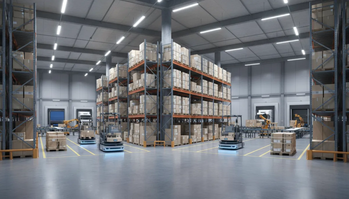 Professional view of a modern logistics warehouse with active operations