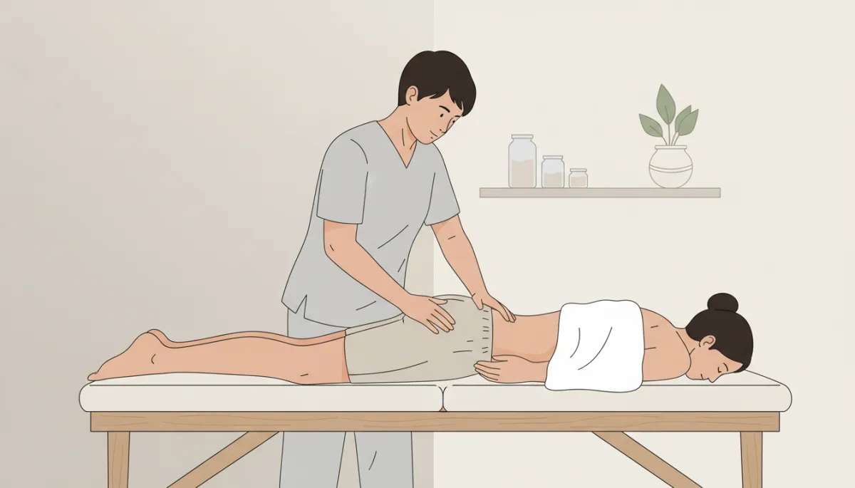 neutral färgskala illustration av naprapat som lugnt undersöker en patient med ryggskott på behandlingsbrits, enkel klinikmiljö, tydligt fokus på ländryggen