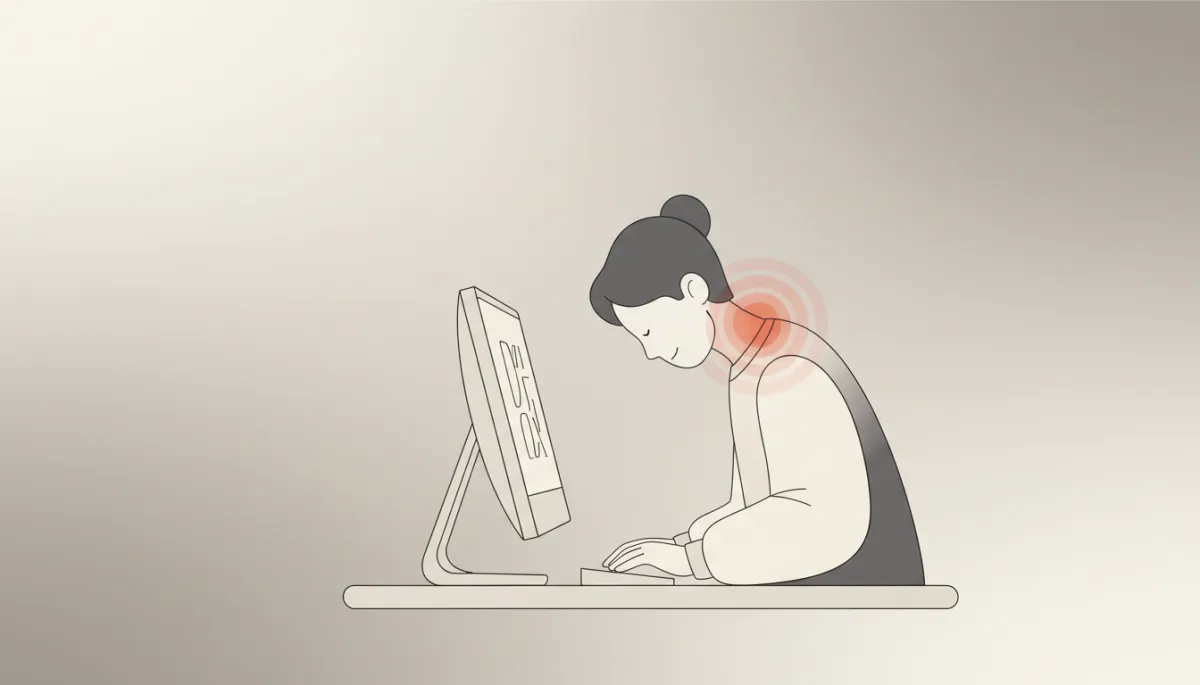 neutral färgskala illustration av person vid skrivbord med dator, lätt framåtlutad hållning och markerat område över nacke och axlar som symboliserar smärta, enkel och stilren illustrationsstil