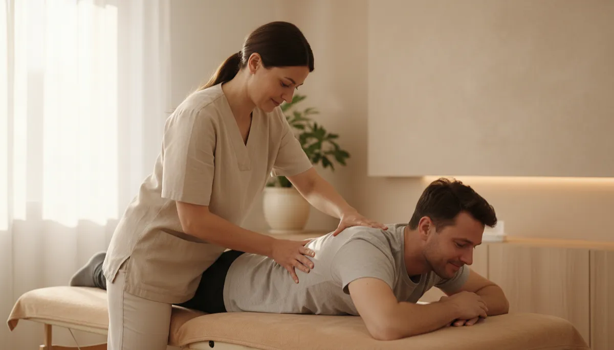 fotorealistisk varm neutral bild av naprapat som lugnt justerar en patients bröstrygg i ett ljust behandlingsrum med naturligt ljus, mjuka beige och sandfärgade toner, patienten ser avslappnad och trygg ut