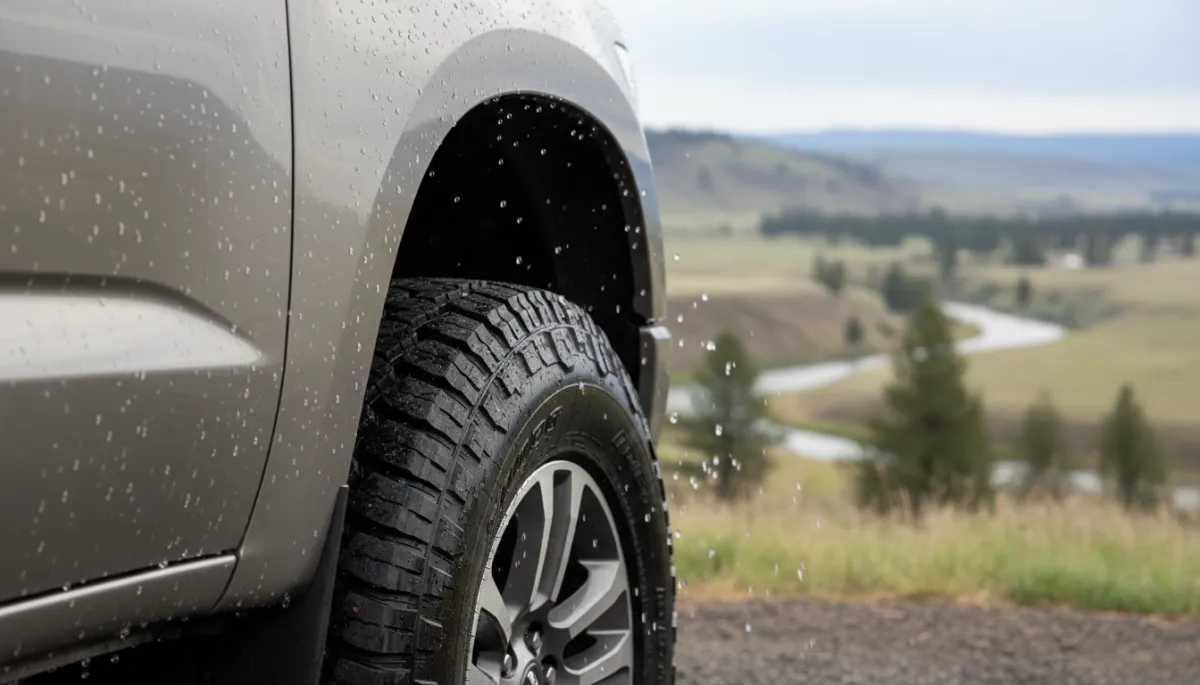 Close-up of water beading on ceramic-coated truck panel and wheel