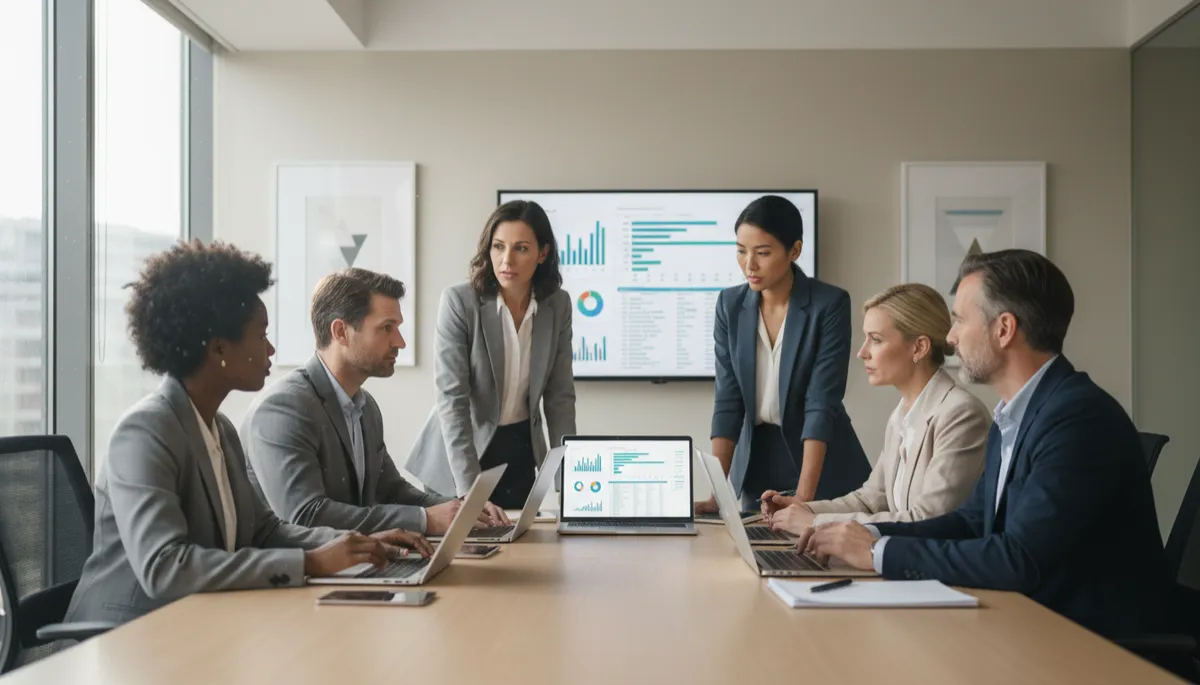 professional neutral-toned office setting with a diverse group of mid-career project managers in a serious discussion around a conference table, laptop screens showing project dashboards and Gantt charts, soft natural light, professional photorealistic style