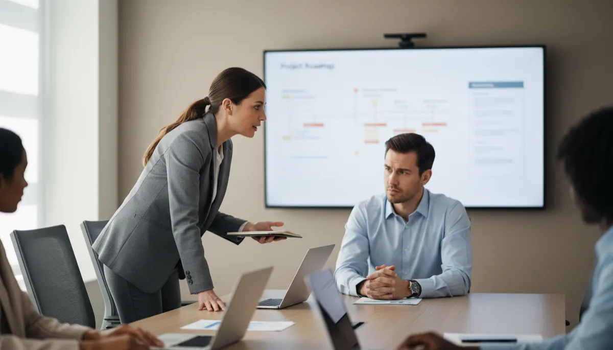 professional neutral-toned conference room with a project manager calmly but firmly speaking to a team member across the table, blurred project roadmap on wall in background, soft natural light, professional photorealistic style
