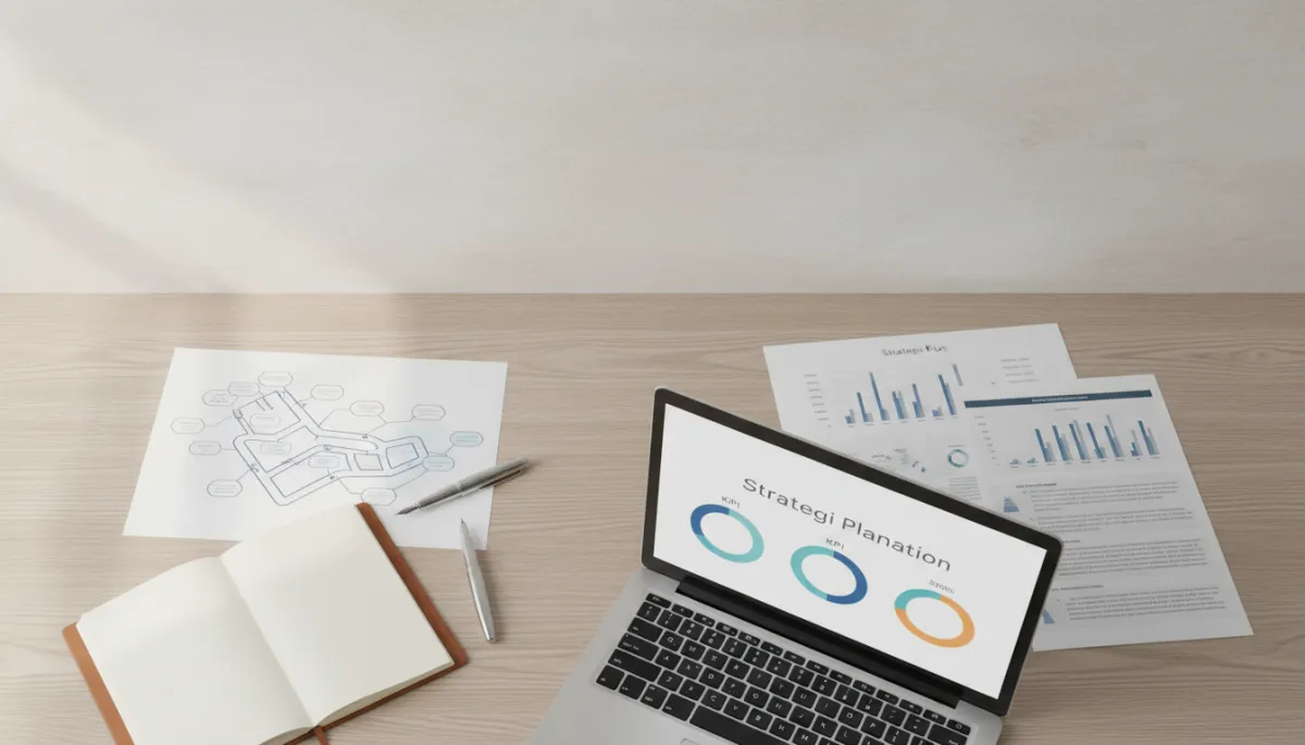 Desk with a concise strategic plan and performance charts Desk with a concise strategic plan and performance charts