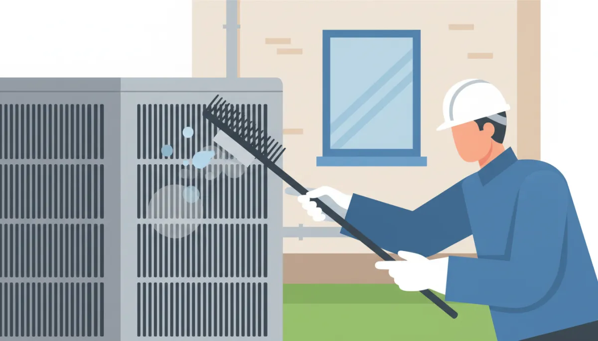 Technician cleaning outdoor AC condenser coil