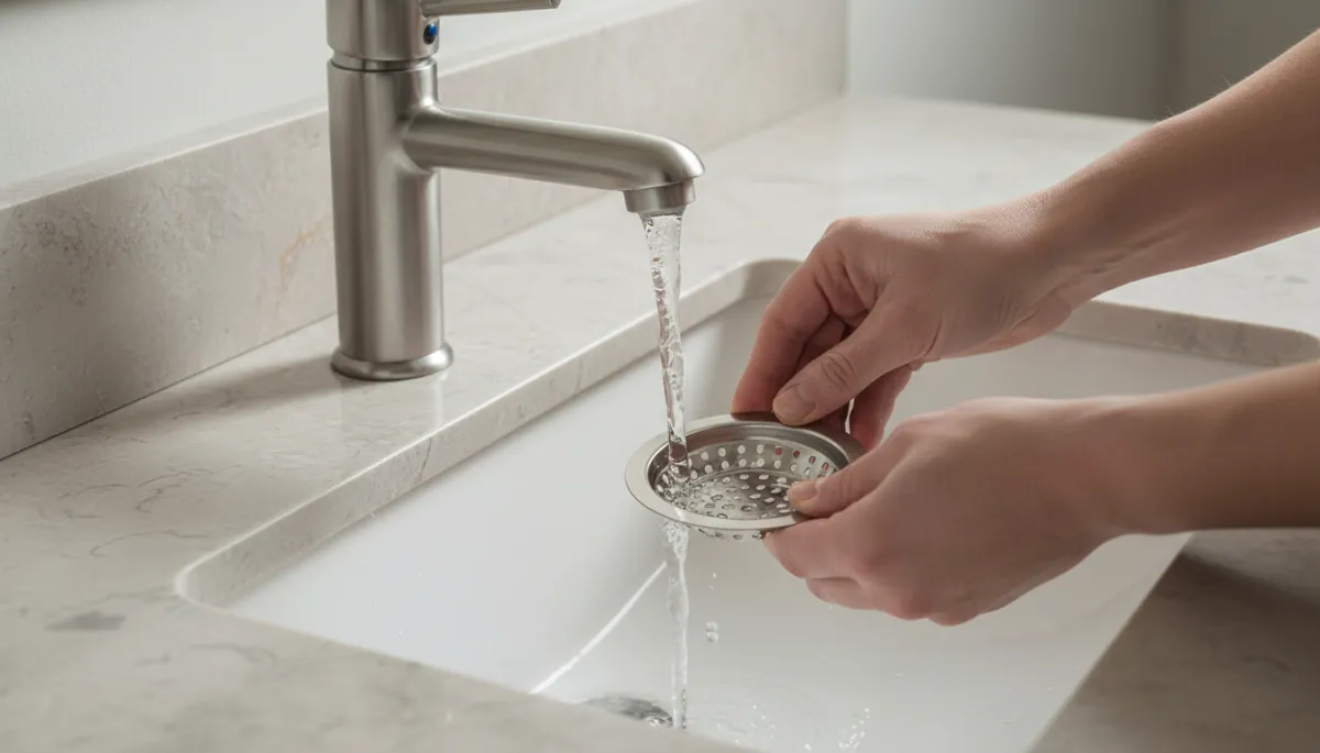 Homeowner placing a drain strainer in a bathroom sink