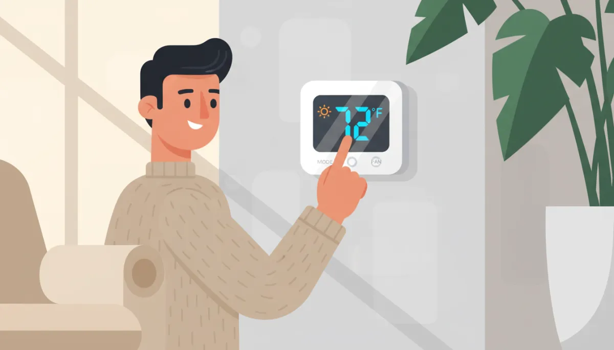 Homeowner adjusting programmable thermostat to save winter heating energy
