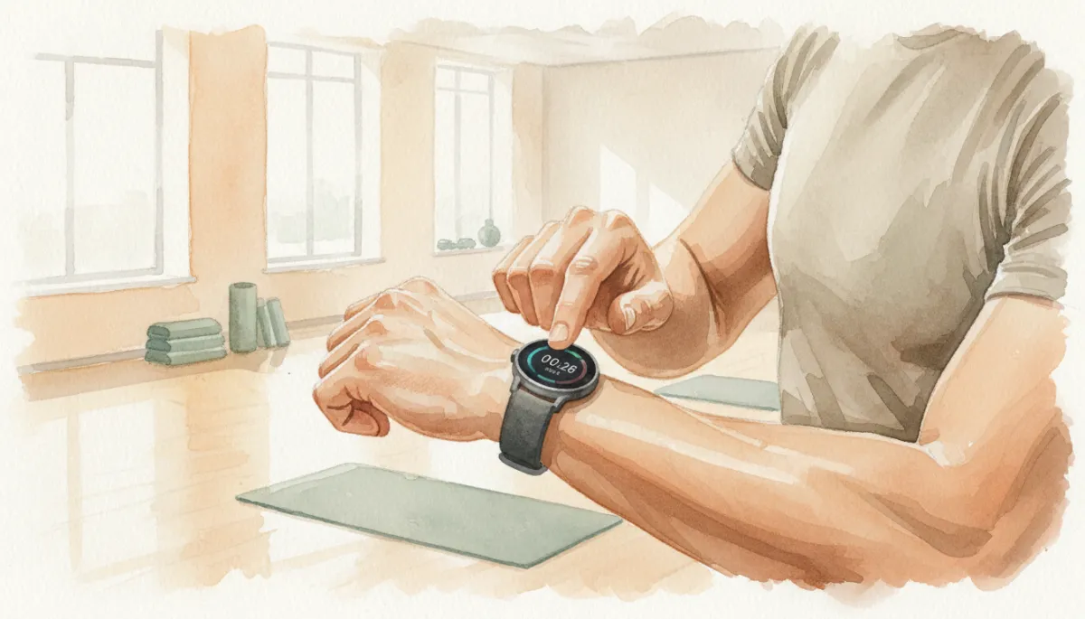 Person looking at a fitness timer on their smartwatch between exercises Person looking at a fitness timer on their smartwatch between exercises