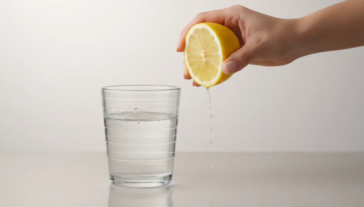 Hand squeezing fresh lemon into a glass of water in a neutral professional setting Hand squeezing fresh lemon into a glass of water in a neutral professional setting