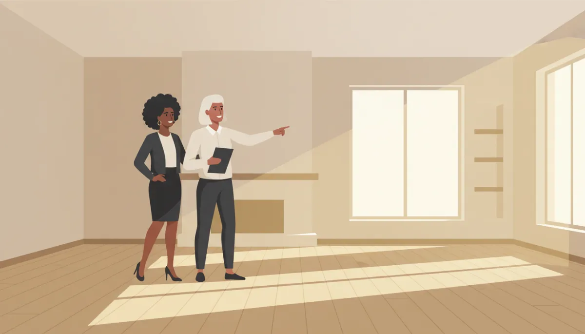 First-time buyers touring an empty living room with their real estate agent First-time buyers touring an empty living room with their real estate agent