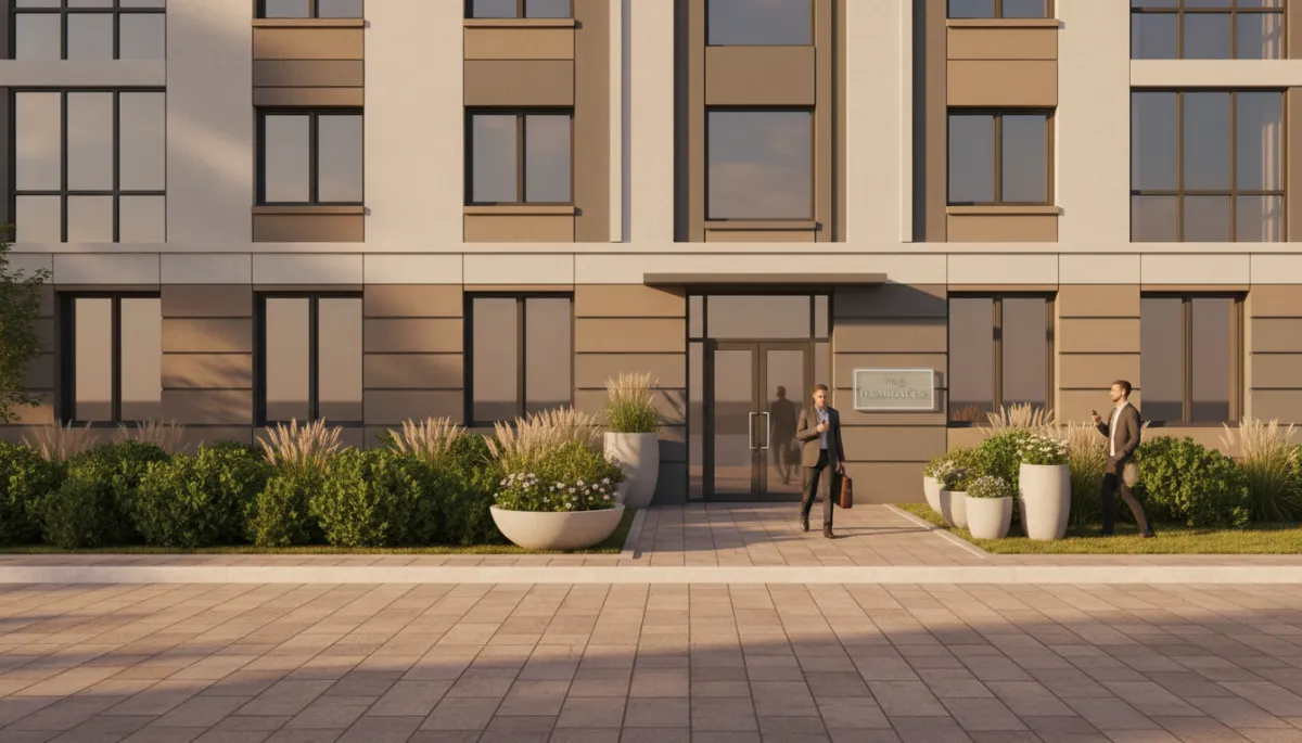 Professional street view of a well-maintained apartment building entrance Professional street view of a well-maintained apartment building entrance