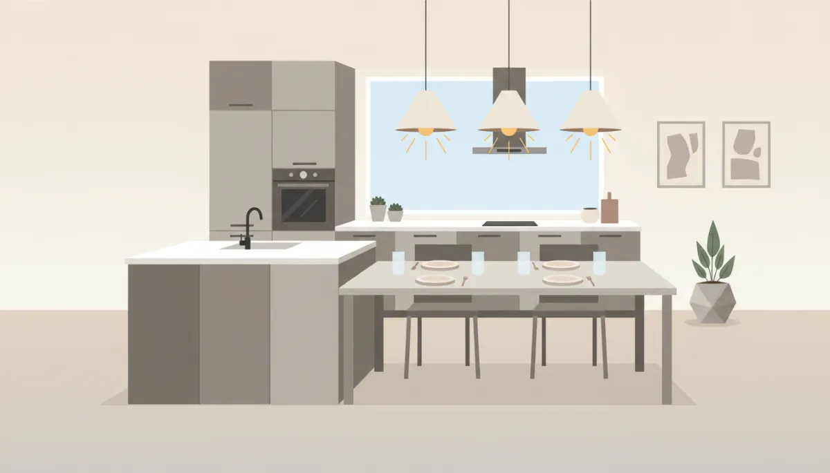 Professionally staged open-plan dining and kitchen area with neutral décor Professionally staged open-plan dining and kitchen area with neutral décor