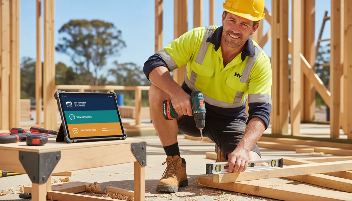 Focused Australian tradie working confidently while business systems run in the background