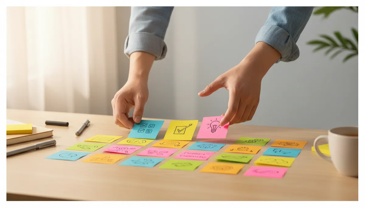 A realistic photo of hands organizing small tasks on colorful sticky notes on a desk, representing turning an idea into an action plan