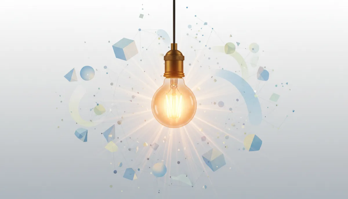 A photorealistic, high-quality image of a single, illuminated light bulb suspended in front of a clean, minimalist background. The light bulb is glowing warmly, symbolizing a spark of inspiration and the moment when a vague idea becomes clear. Soft beams of light radiate outward, subtly illuminating scattered translucent shapes and gentle lines that evoke the transformation of abstract thoughts into real concepts. The overall atmosphere is professional and modern, with a neutral palette accented by subtle pops of color to suggest creativity. The image conveys clarity, innovation, and the process of turning intangible ideas into tangible results, aligning with the theme of transforming vague ideas into real-world outcomes.