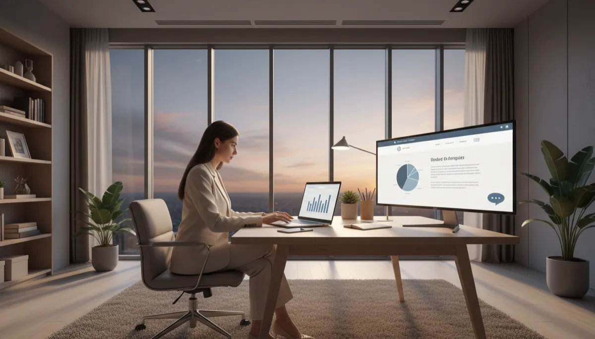 photorealistic neutral-toned modern office at dusk, business owner reviewing analytics on a laptop while a website with a chat widget is open on a large monitor, soft natural lighting and muted colors