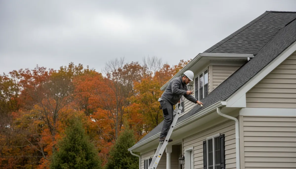 Technician inspecting seamless gutters on an Upstate New York home