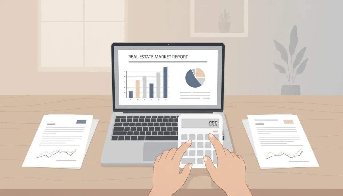 Person reviewing real estate finances at a neutral-toned home office desk