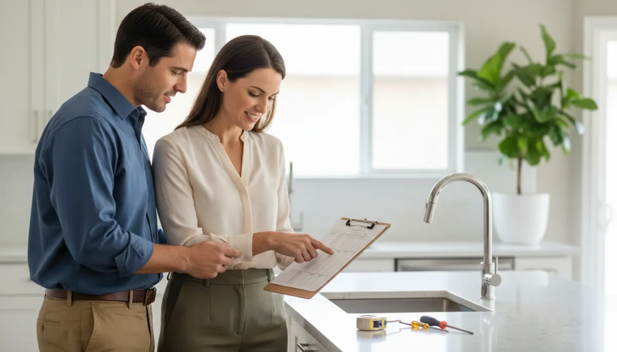 Homeowner reviewing a maintenance checklist with a contractor in the kitchen