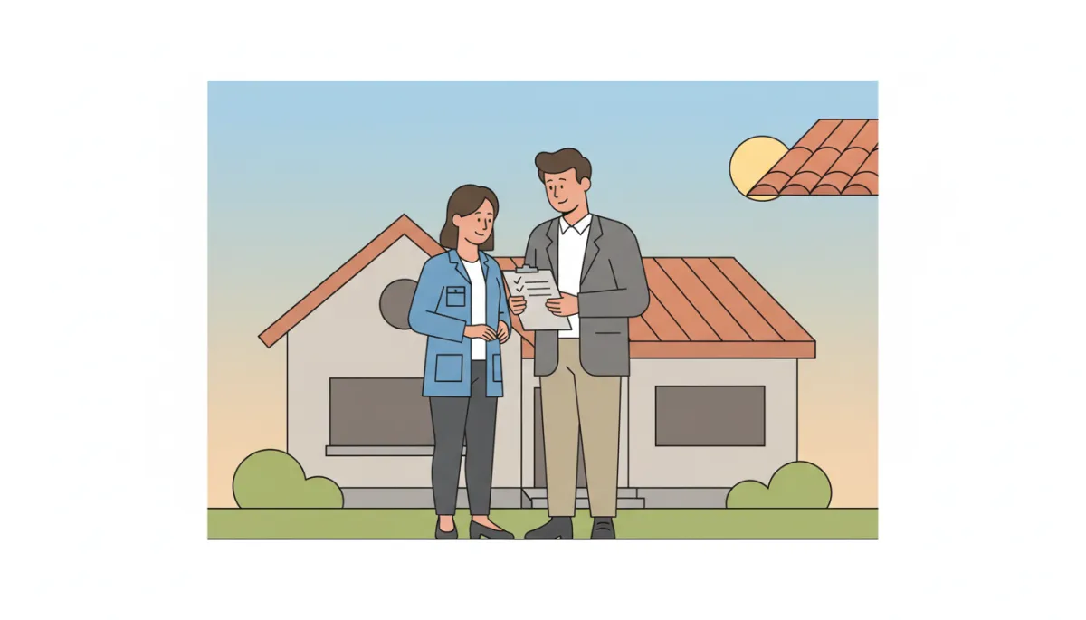 Homeowner and real estate agent reviewing exterior home condition