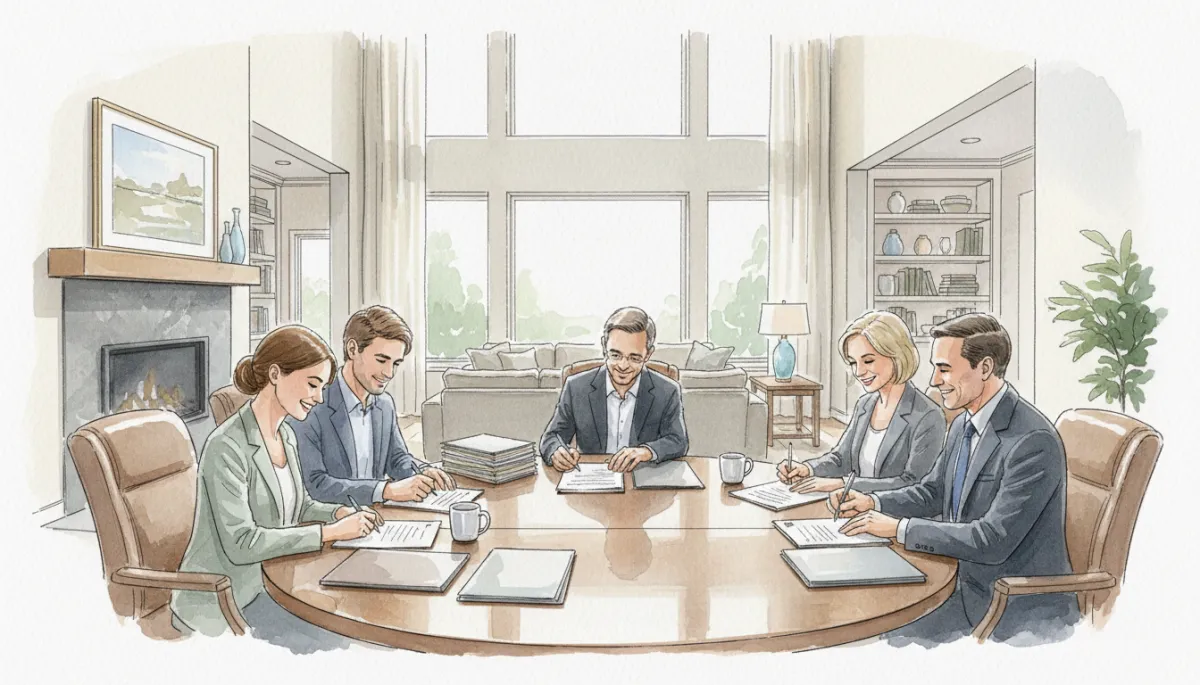 Home buyers and sellers signing closing documents in a professional setting