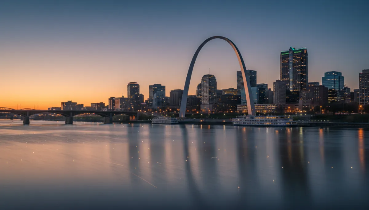 Skyline of St. Louis at dusk with the Gateway Arch and riverfront