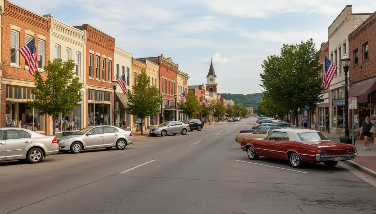 A professional streetscape of a quiet small-town main street