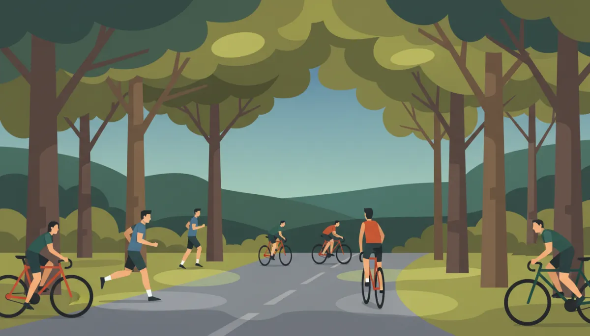 Paved multi-use trail in a Warren County park with runners and cyclists