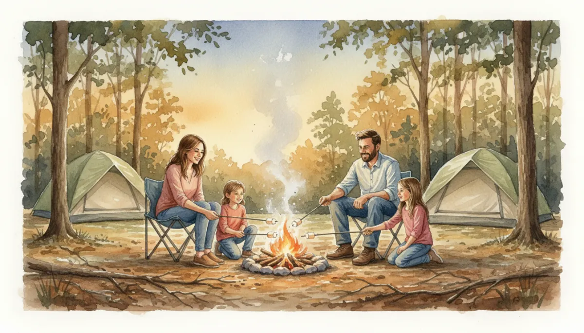 Family roasting marshmallows together at a Warren County campground