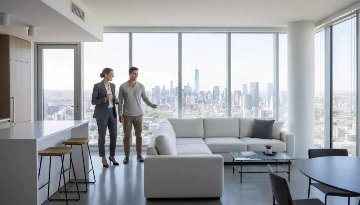 Real estate agent guiding buyers through a modern apartment living room