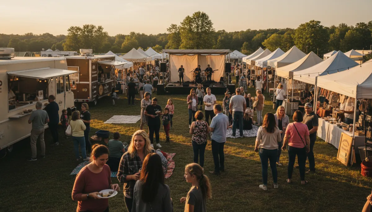 People enjoying an outdoor festival with food trucks and live music in Warren County