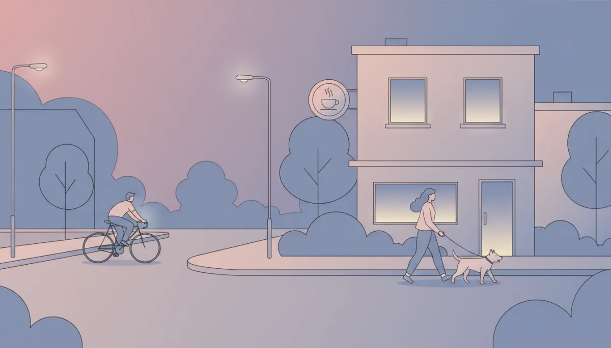 A quiet neighborhood intersection where locals walk, cycle, and visit nearby cafes A quiet neighborhood intersection where locals walk, cycle, and visit nearby cafes