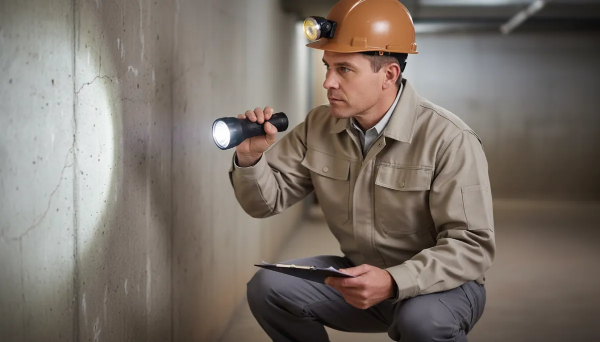 Home inspector examining a basement foundation with a flashlight and notes