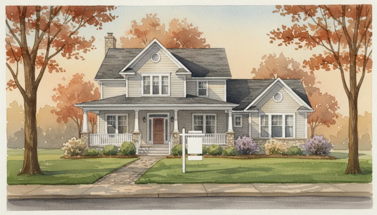 Attractive single-family home for sale in a small Midwestern town with a yard sign