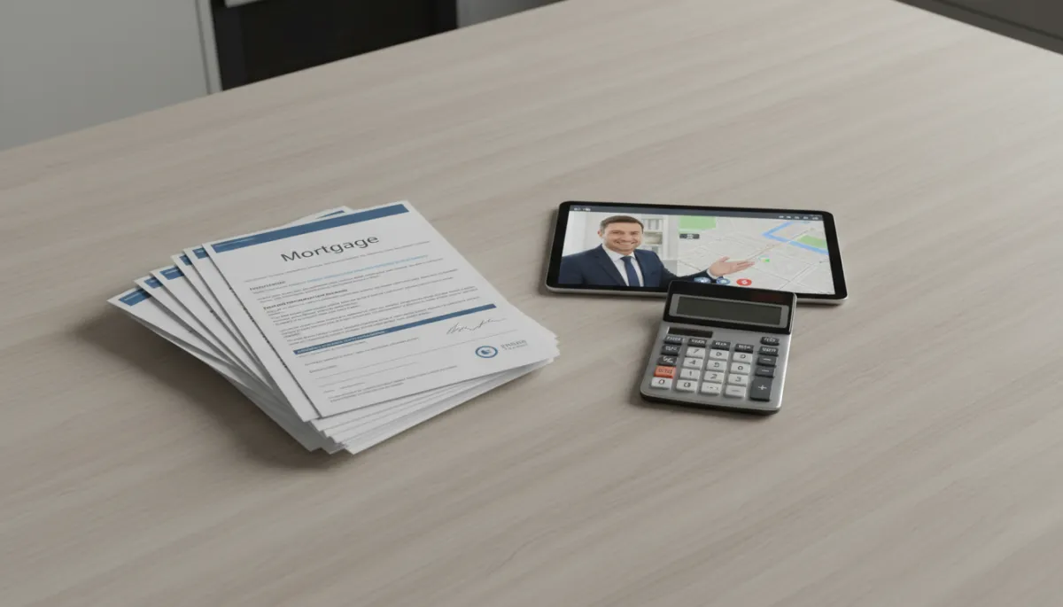 Mortgage documents and calculator on a neutral kitchen table during a video call with a real estate agent