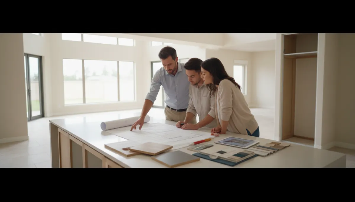 Homebuyers reviewing renovation plans and material samples with a contractor in a kitchen