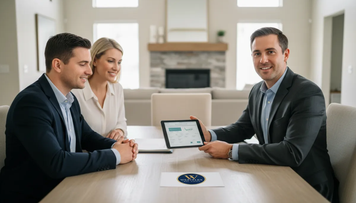 Real estate agent reviewing local market data with home sellers in a neutral dining room