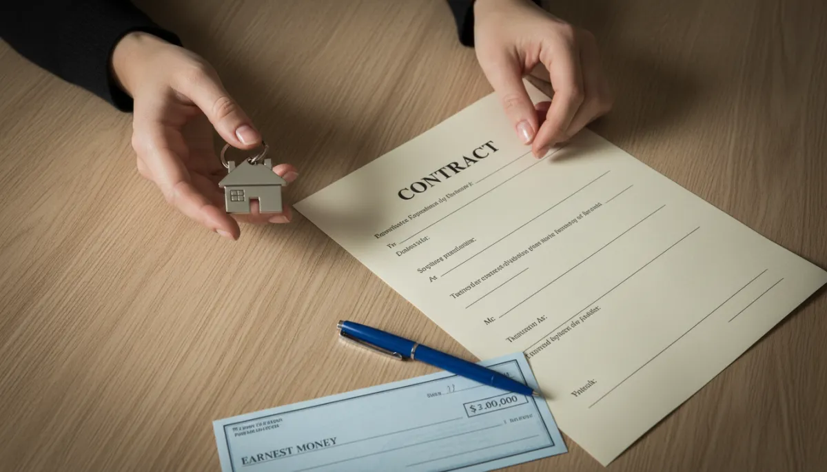 Hands holding a real estate contract and earnest money check on a desk