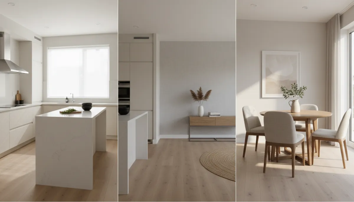 Professional photos showing the open layout between kitchen and dining area