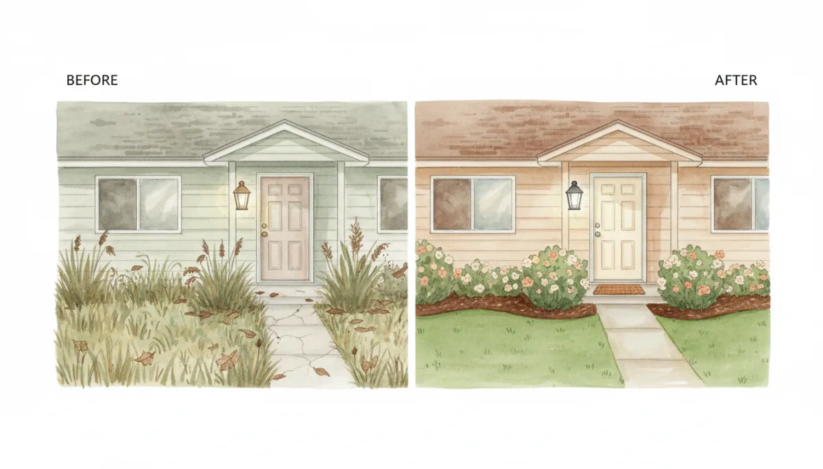 Before and after comparison of curb appeal improvements on a home exterior