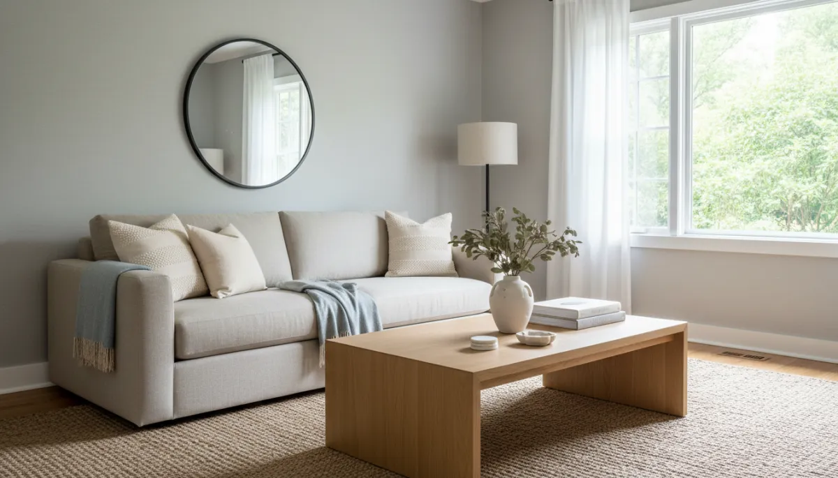 Professionally staged neutral living room creating a welcoming first impression Professionally staged neutral living room creating a welcoming first impression