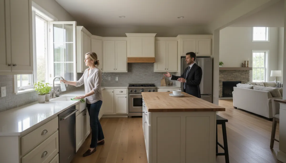 Homeowner and real estate agent working together to freshen and prepare a kitchen for showings
