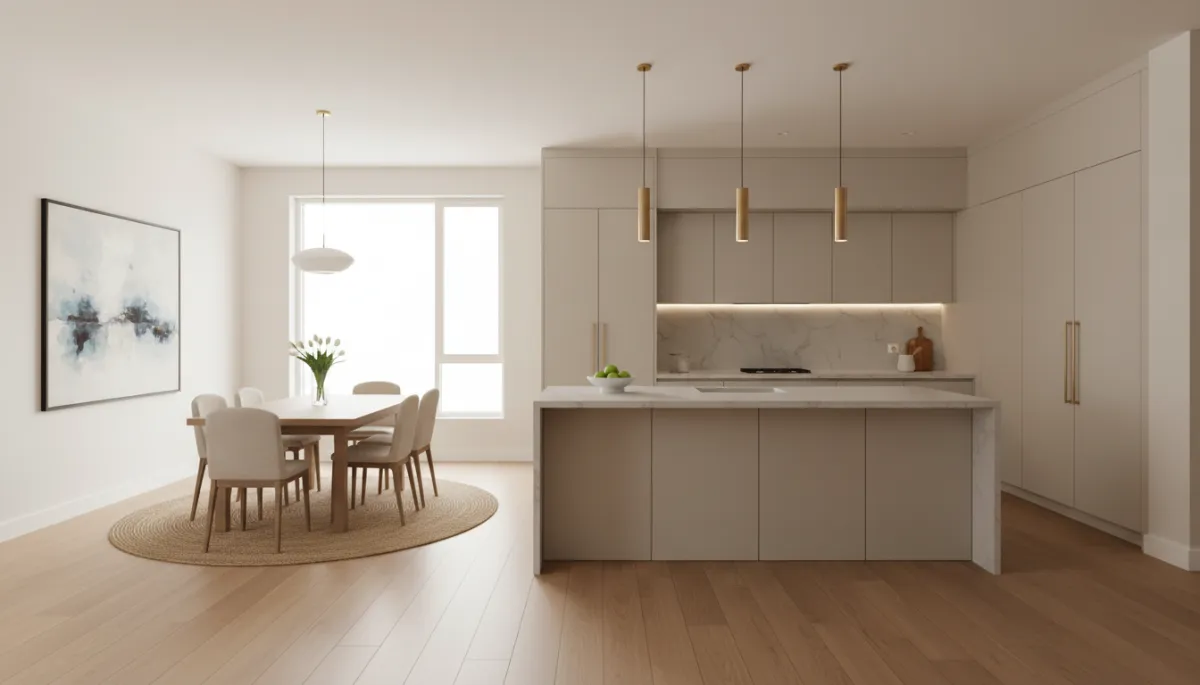 Neutral kitchen and dining space showcasing updated light wood flooring